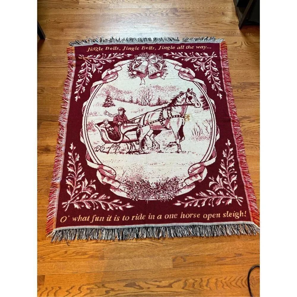Vintage Crown Crafts Jingle Bells Holiday Christmas Throw Blanket EUC